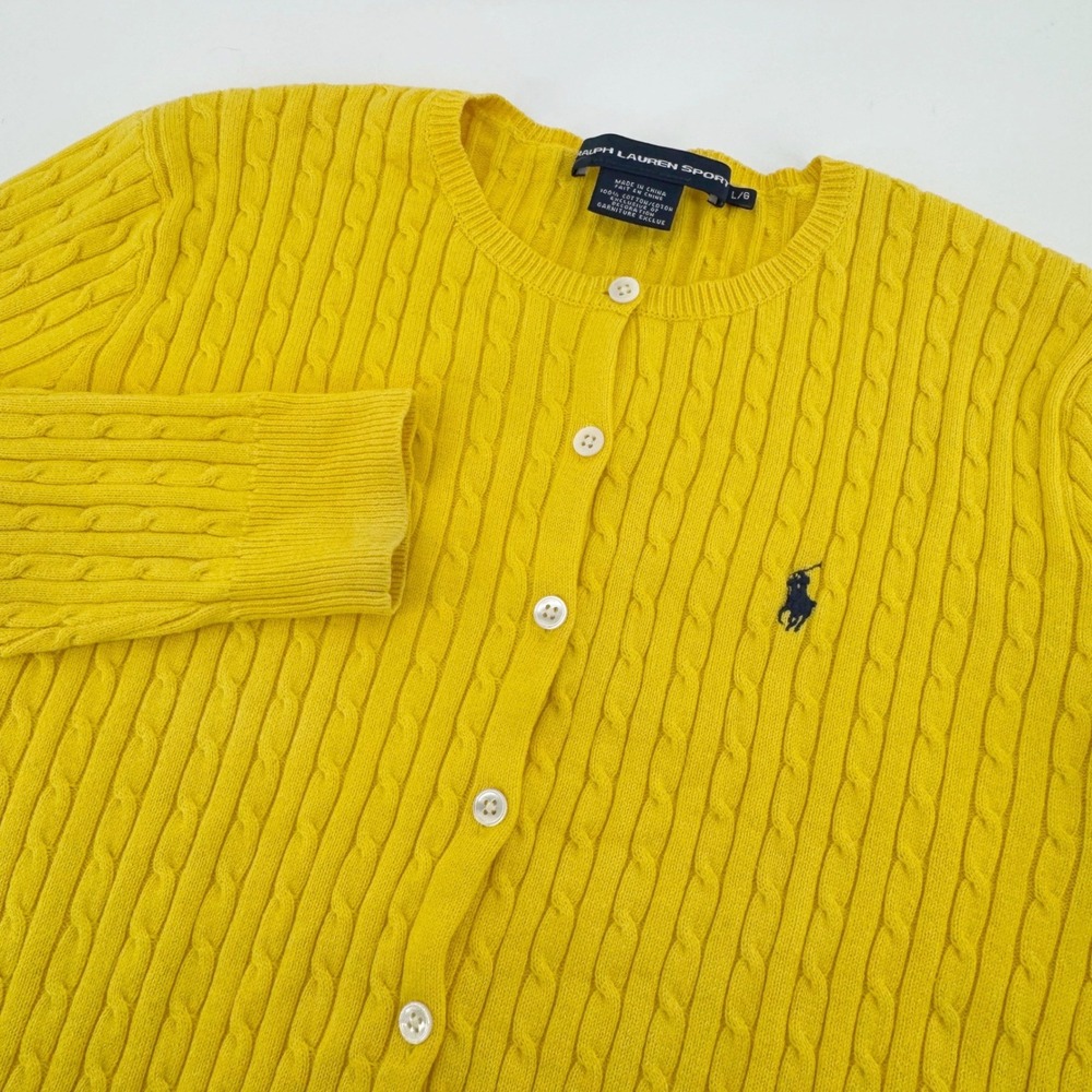 Ralph Lauren Sport Cardigan Women Large Yellow Cable Knit Cotton Pony Logo